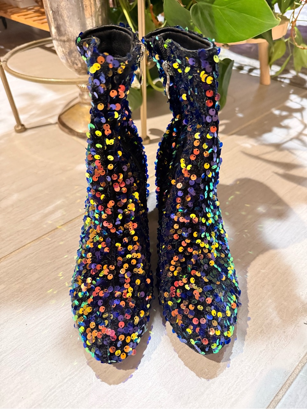 Sequin Embellished Black Ankle Booties - Iridescent Party Style